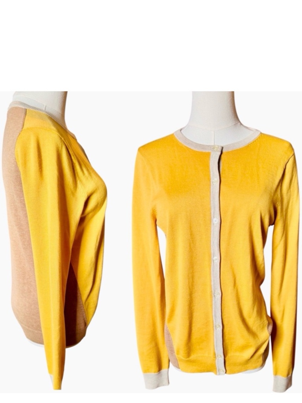 LANDS END 100% Fine Gauge Cotton Yellow & Khaki Tan Women's Cardigan Sweater NWT